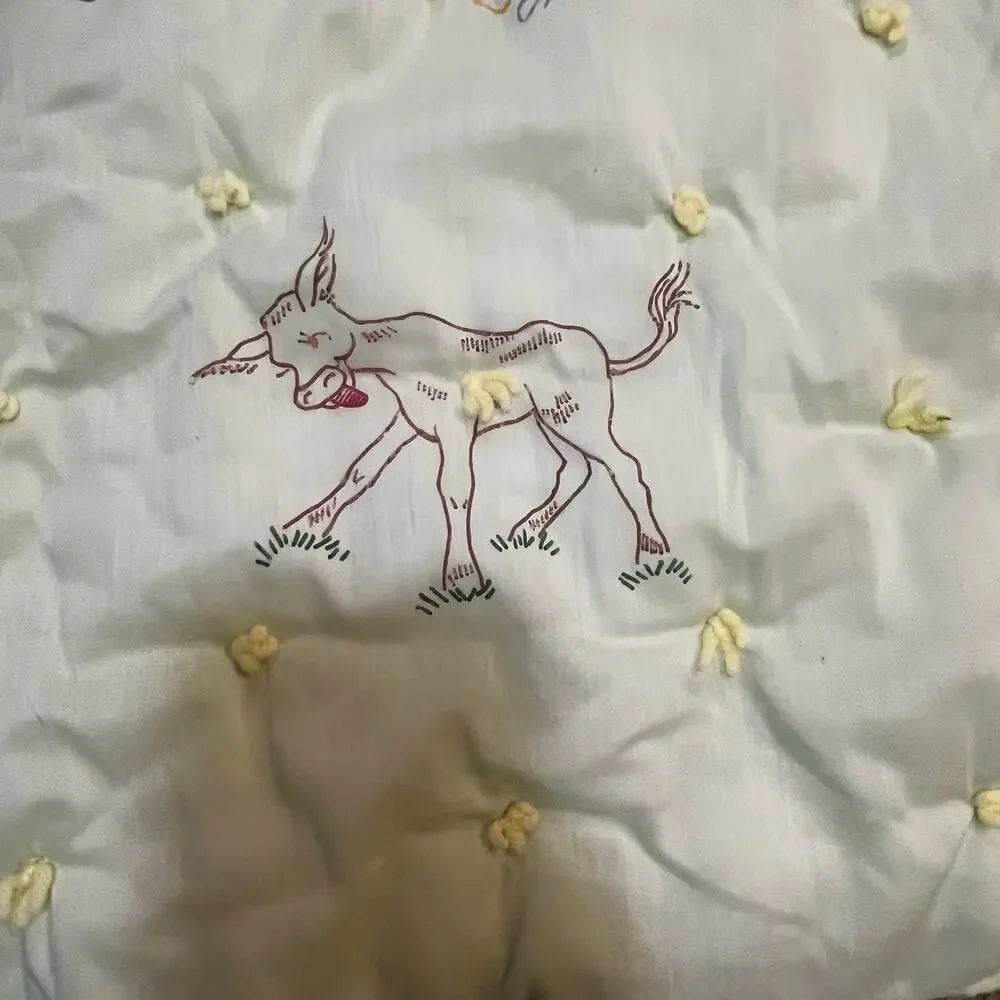 Vintage Green Baby Crib Quilt‎ 52x39 Hand Tied Animal Nursery Blanket Cats Ducks
